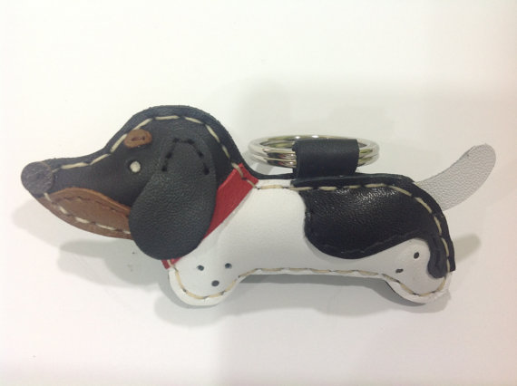 Rebel The Piebald Dachshund Leather Keychain ( Black / White And Red Collar )